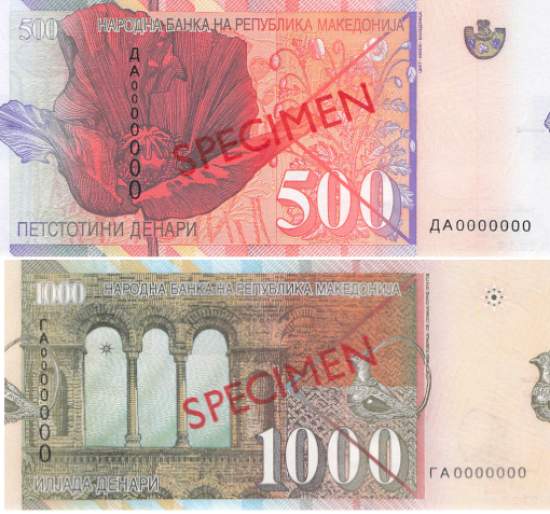 Mazedonien p.21as p.22as 500 und 1000 Lei Specimen 2003